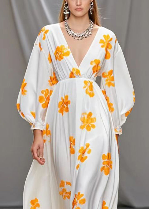 Casual White V Neck Print Silk Vacation Dresses Spring