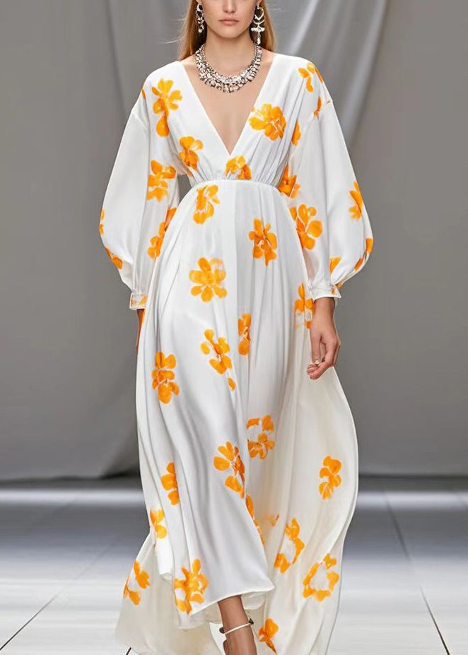 Casual White V Neck Print Silk Vacation Dresses Fall