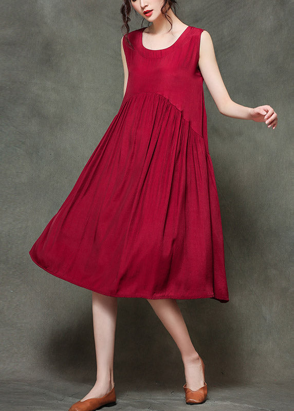 Casual Wine Red O-Neck Wrinkled Long Dresses Sleeveless