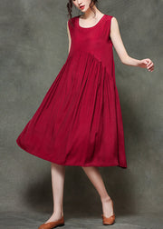Casual Red polka dot stitching O-Neck Wrinkled Long Dresses Sleeveless