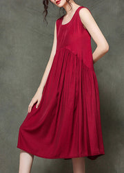 Casual Wine Red-floral1 O-Neck Wrinkled Long Dresses Sleeveless