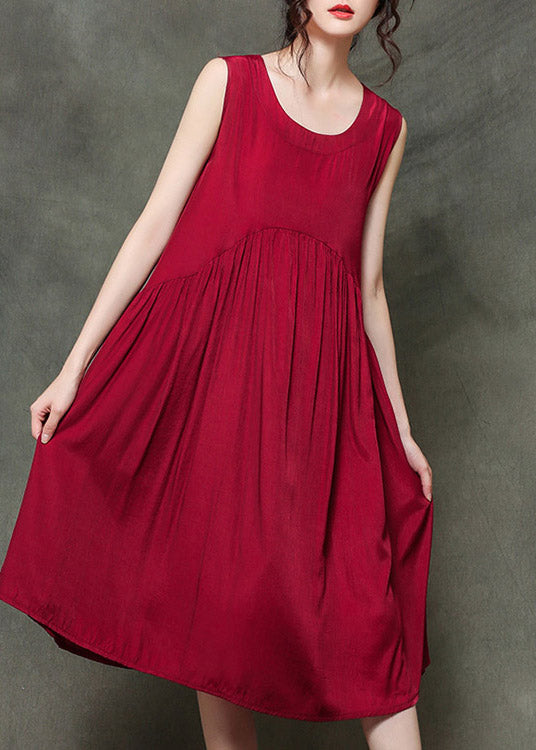 Casual Wine Red-floral2 O-Neck Wrinkled Long Dresses Sleeveless