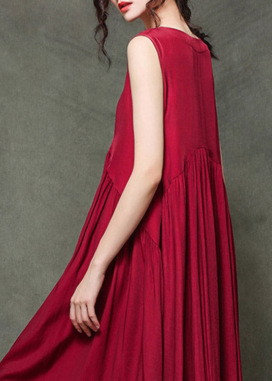 Casual Wine Red-floral3 O-Neck Wrinkled Long Dresses Sleeveless