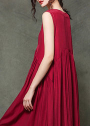 Casual Wine Red-floral1 O-Neck Wrinkled Long Dresses Sleeveless