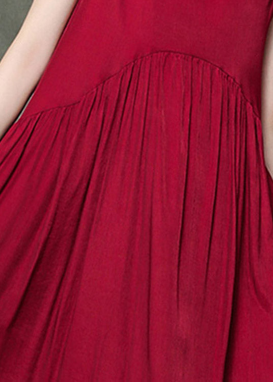 Casual Wine Red O-Neck Wrinkled Long Dresses Sleeveless