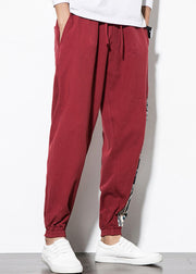 Casual Wine Red Print Patchwork Cotton Mens Beam Pants Summer