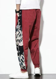 Casual Wine Red Print Patchwork Cotton Mens Beam Pants Summer