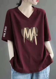 Casual Wine Red V Neck Print Cotton T Shirts Summer