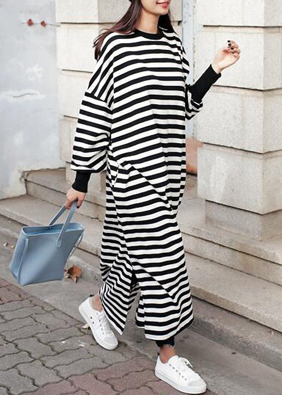 Casual Women Crew Neck Batwing Sleeve Striped Black Long Sweatshirt Dress