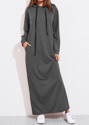 Casual Women Solid Color Full Sleeve Long Hooded Sweatshirt Dress Dark Gray