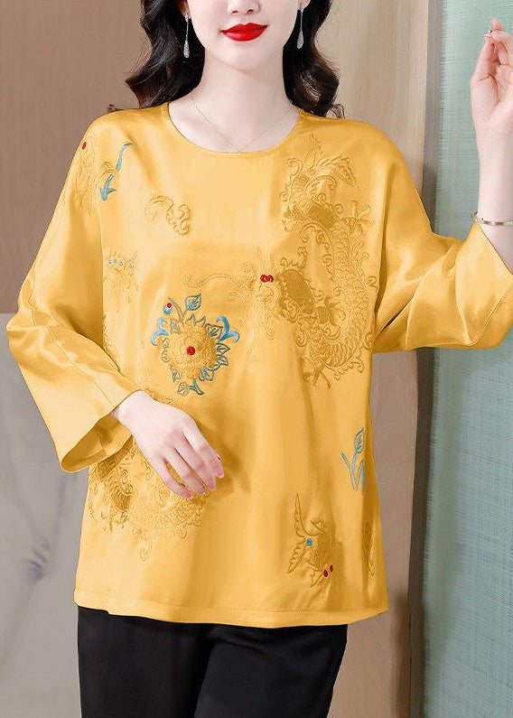 Casual Yellow Embroidered Silk Blouse Tops Spring