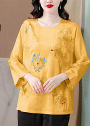 Casual Yellow Embroidered Silk Blouse Tops Spring