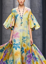 Casual Yellow Flower Print Chiffon Long Dresses Flare Sleeve