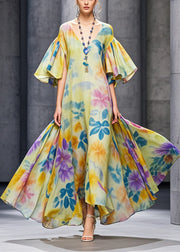 Casual Yellow Flower Print Chiffon Long Dresses Flare Sleeve