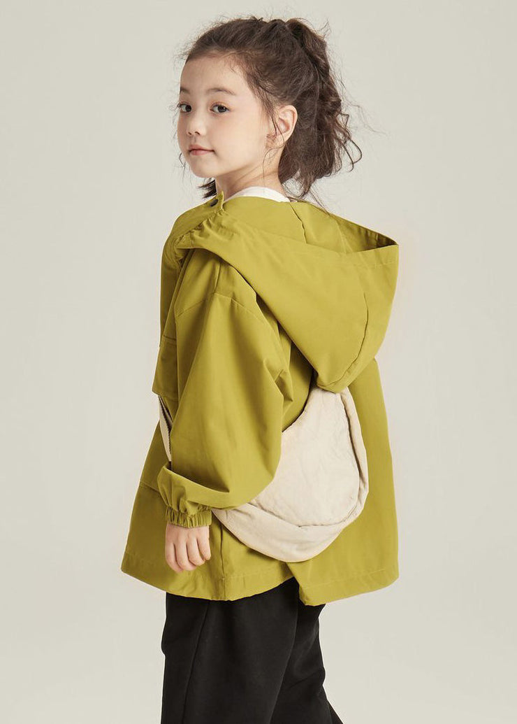 Casual Yellow Hooded Zippered Pockets Cotton Girls Coats Long Sleeve