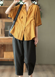 Casual Yellow O Neck Wrinkled Patchwork Cotton Shirt Top Summer