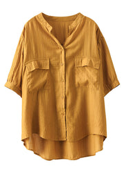 Casual Yellow O Neck Wrinkled Patchwork Cotton Shirt Top Summer