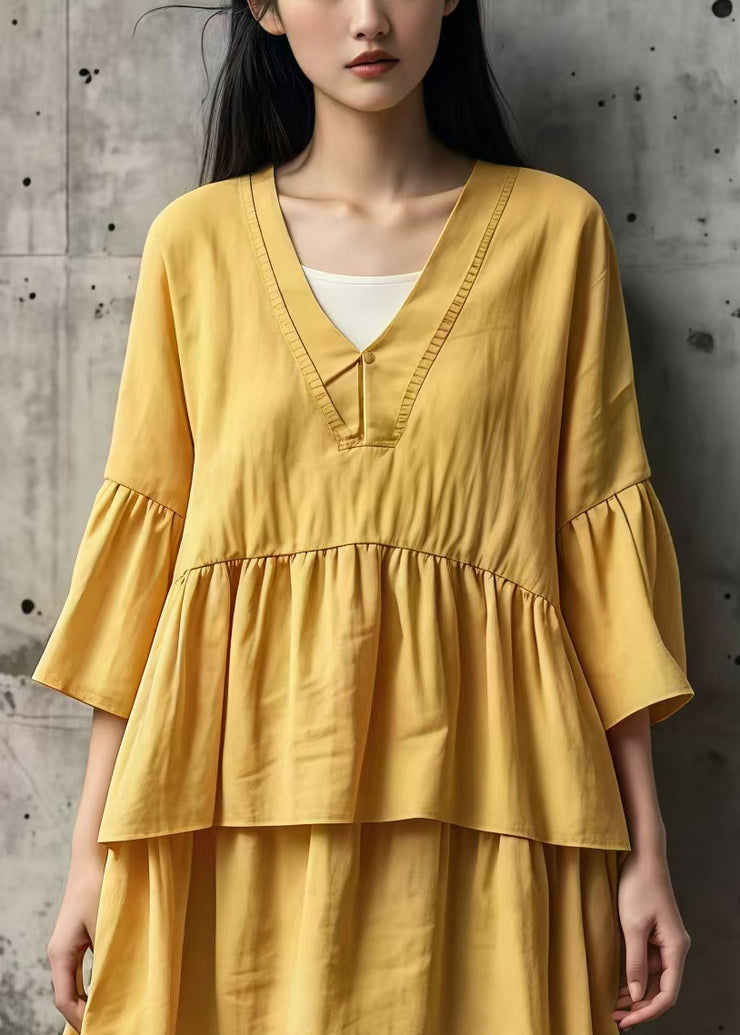 Casual Yellow Oversized Layered Cotton Maxi Dresses Summer