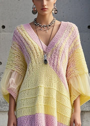 Casual Yellow Oversized Patchwork Tulle Sweater Dress Fall