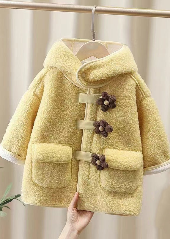 Casual Yellow Patchwork Button Faux Fur Warm Fleece Girls Hooded Coats Spring