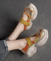 Casual Yellow Platform Cowhide Leather Buckle Strap High Wedge Heels Shoes