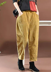 Casual Yellow Pockets Elastic Waist Corduroy Pants Spring