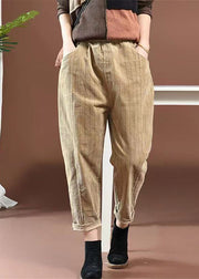 Casual Yellow Pockets Elastic Waist Corduroy Pants Spring