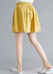 Casual Yellow Pockets Elastic Waist Cotton Shorts Summer