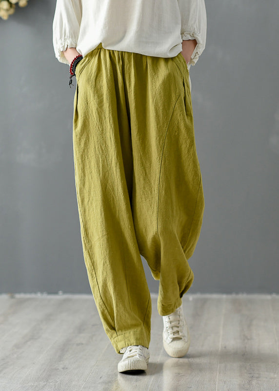 Casual Yellow Pockets Elastic Waist Linen Pants Spring