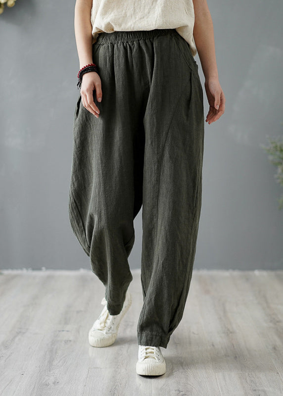 Casual Yellow Pockets Elastic Waist Linen Pants Spring