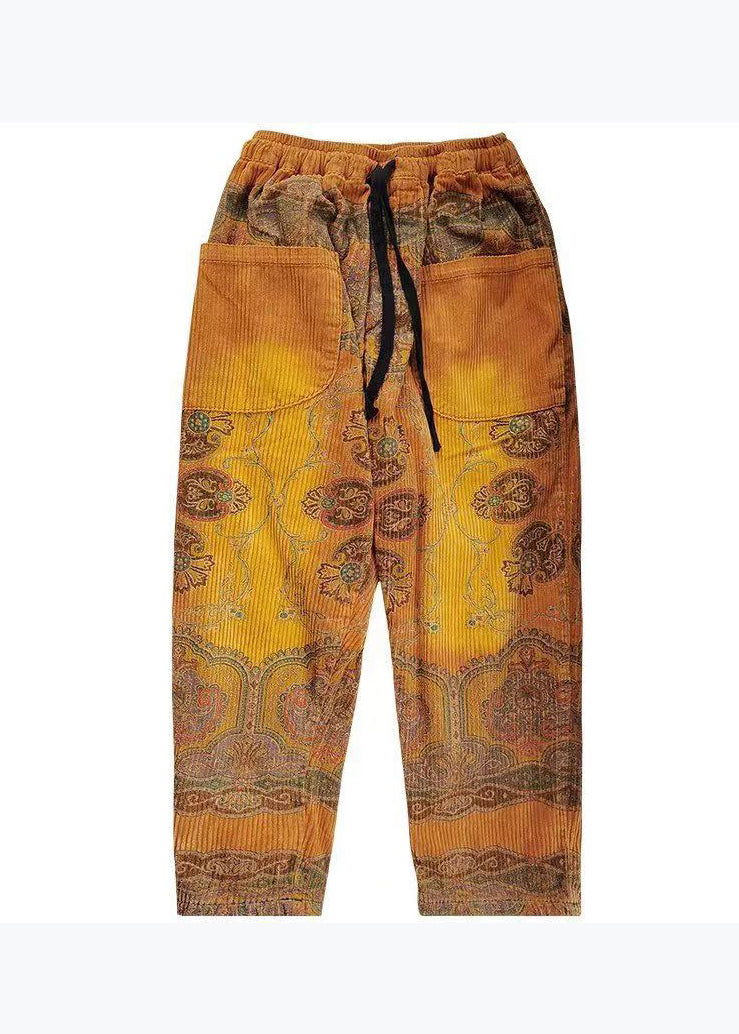 Casual Yellow Pockets Print Elastic Waist Corduroy Pants Spring