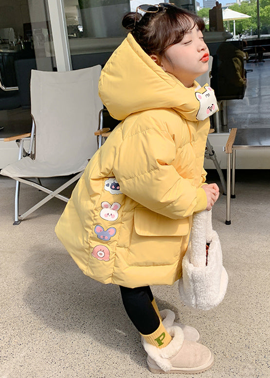 Casual Yellow Print Pockets Girls Hooded Parka Winter