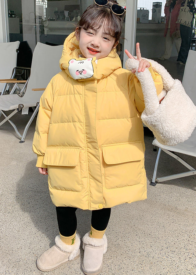 Casual Yellow Print Pockets Girls Hooded Parka Winter