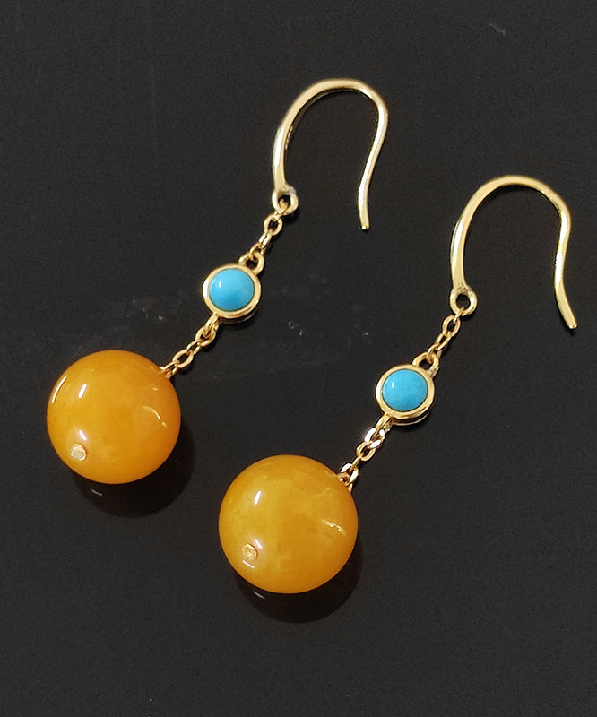 Casual Yellow Sterling Silver Inlaid Beeswax Turquoise Drop Earrings