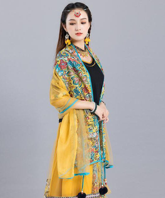 Casual Yellow Tasseled Print Chiffon Shawl