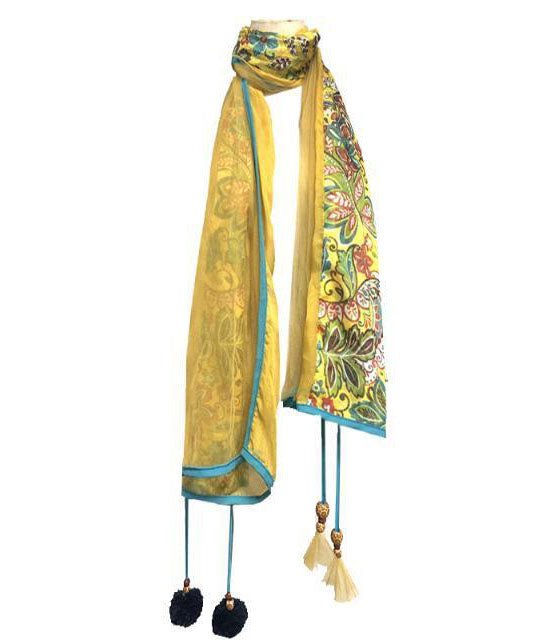 Casual Yellow Tasseled Print Chiffon Shawl