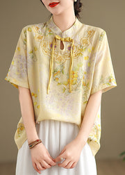 Casual Yellow Tasseled Print Linen Blouses Summer