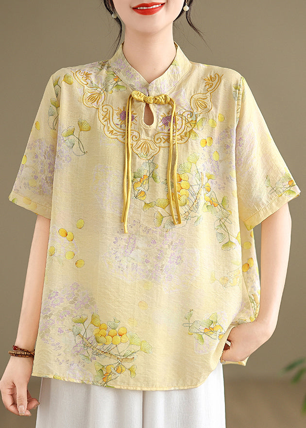 Casual Yellow Tasseled Print Linen Blouses Summer