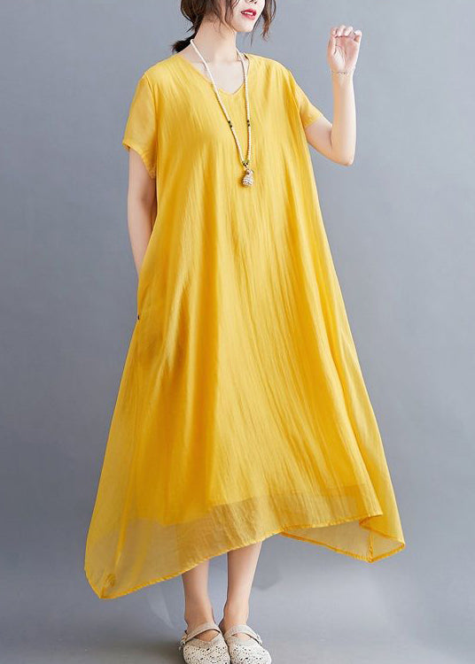 Casual Yellow V Neck Asymmetrical Design Cotton Maxi Dresses Summer