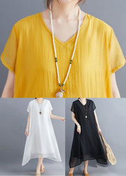 Casual Yellow V Neck Asymmetrical Design Cotton Maxi Dresses Summer