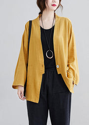 Casual Yellow V Neck Pockets Patchwork Cotton Cardigan Fall