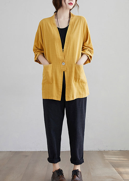 Casual Yellow V Neck Pockets Patchwork Cotton Cardigan Fall