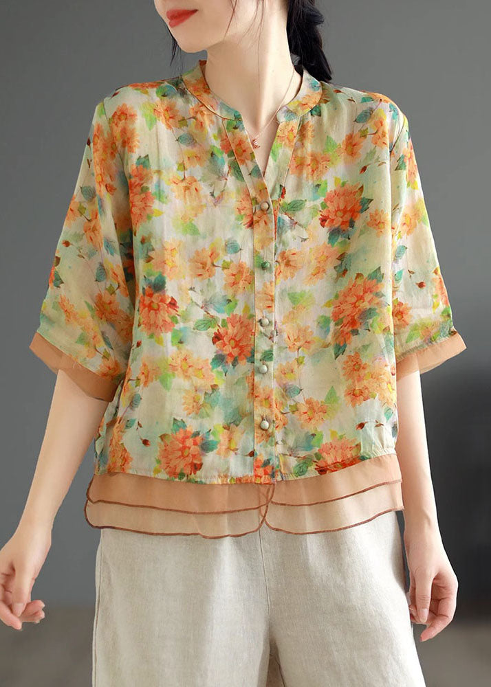 Casual Yellow V Neck Print Button Patchwork Linen Shirts Half Sleeve