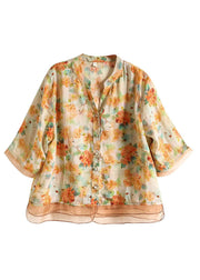 Casual Yellow V Neck Print Button Patchwork Linen Shirts Half Sleeve