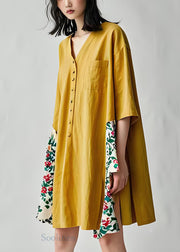 Casual Yellow V Neck Print Patchwork Cotton Dresses Summer