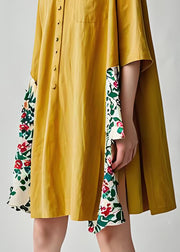 Casual Yellow V Neck Print Patchwork Cotton Dresses Summer