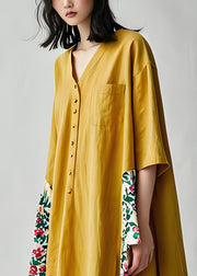 Casual Yellow V Neck Print Patchwork Cotton Dresses Summer