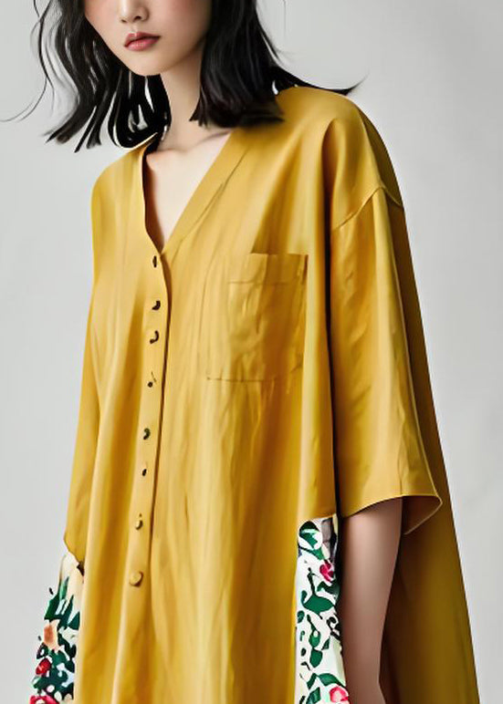 Casual Yellow V Neck Print Patchwork Cotton Dresses Summer