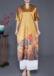 Casual Yellow V Neck Print Silk Party Dress Summer