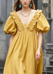 Casual Yellow V Neck Wrinkled Cotton Ankle Dress Puff Sleeve